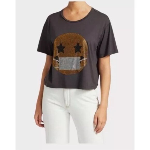 Le Superbe Small Keep Smiling Rhinestone Sequin Mask Graphic Tee Bling Grey - Picture 1 of 10